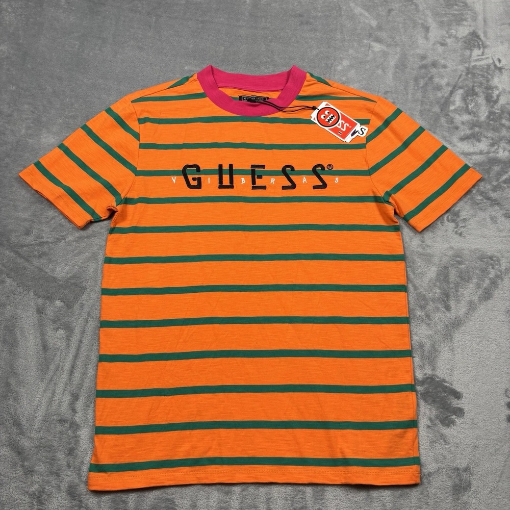 Guess x J Balvin Vibras Orange Striped T-Shirt Men's Embroidered Logo Hype XS - Picture 1 of 7